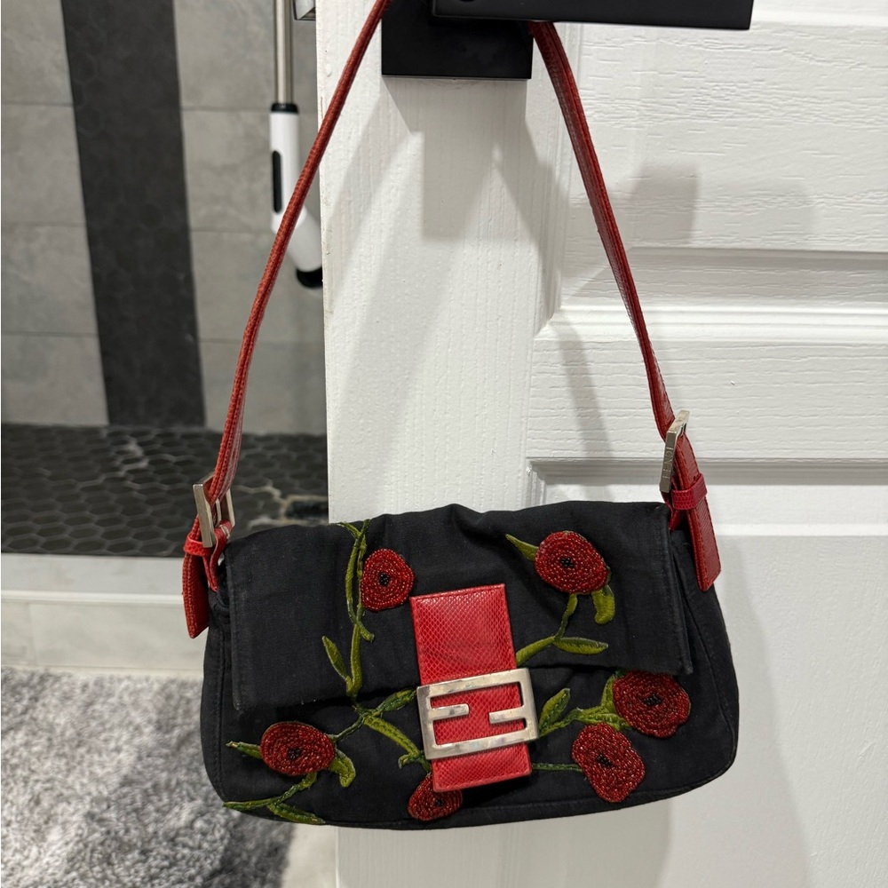 Fendi Baguette Red Leather & Black Floral Shoulder Bag
